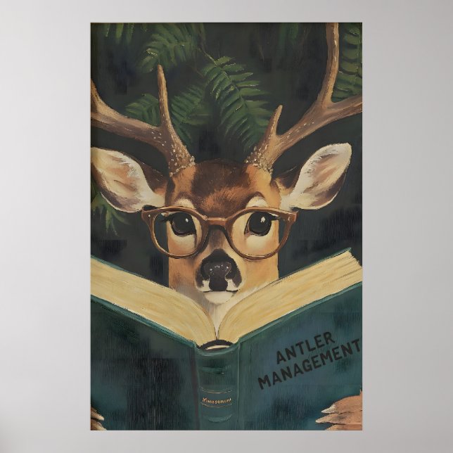 Whimsical Funny Deer Bookworm Wall Art Print (Front)