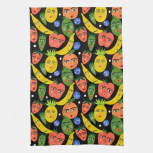 Whimsical Funny Fruit Salad Pattern Black Tea Towel