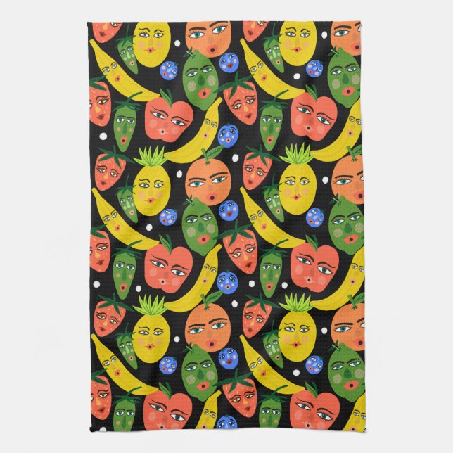 Whimsical Funny Fruit Salad Pattern Black Tea Towel (Vertical)