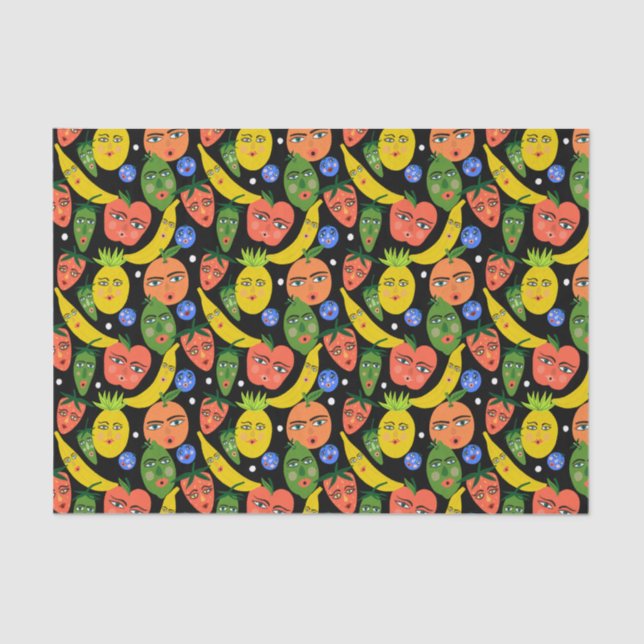 Whimsical Funny Fruit Salad Pattern Black Tissue Paper (Front)