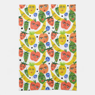 Whimsical Funny Fruit Salad Pattern Tea Towel