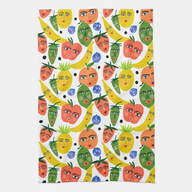 Whimsical Funny Fruit Salad Pattern Tea Towel (Vertical)