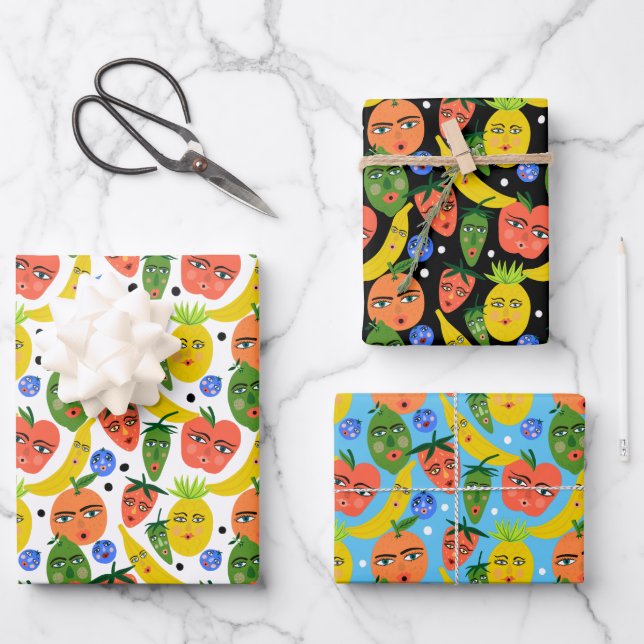 Whimsical Funny Fruit Salad Pattern Variety Pack Wrapping Paper Sheet (Front)