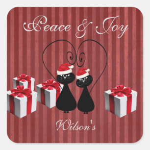 whimsical funny Santa cat couple personalised Square Sticker