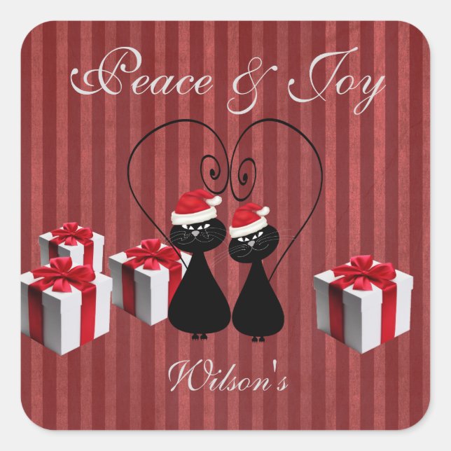 whimsical funny Santa cat couple personalised Square Sticker (Front)