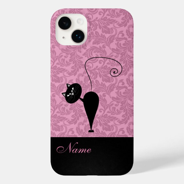 Whimsical Funny trendy black cat damask Case-Mate  Case-Mate iPhone Case (Back)