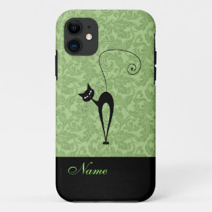 Whimsical Funny trendy black cat damask Case-Mate iPhone Case