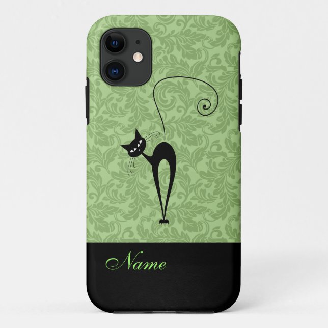 Whimsical Funny trendy black cat damask Case-Mate iPhone Case (Back)