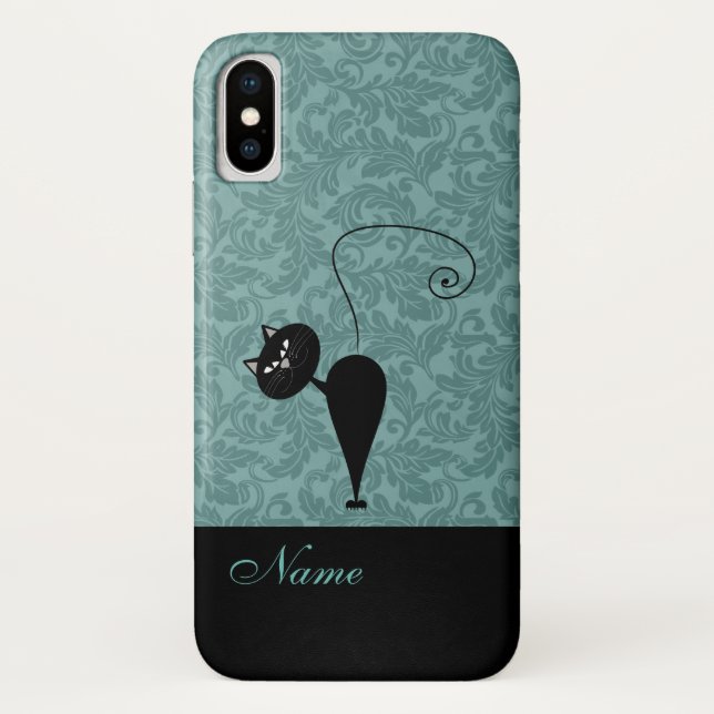Whimsical Funny trendy black cat damask Case-Mate iPhone Case (Back)