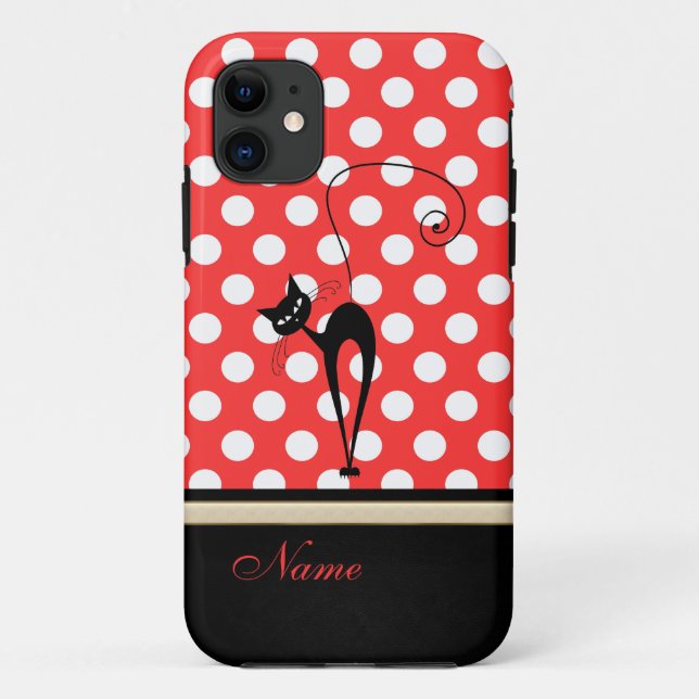 Whimsical Funny trendy black cat polka dots Case-Mate iPhone Case (Back)