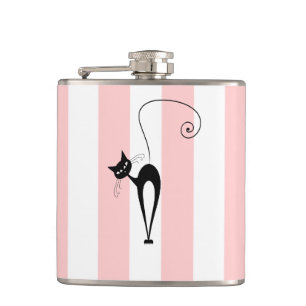 Whimsical Funny trendy black cat stripes Hip Flask