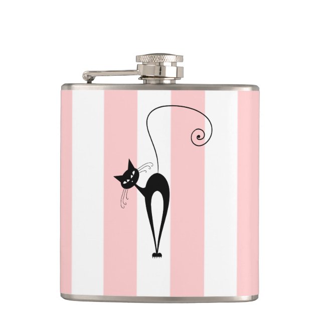 Whimsical Funny trendy black cat stripes Hip Flask (Front)