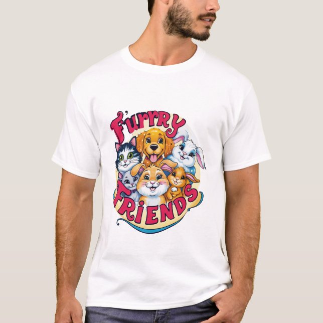 Whimsical Furry Friends: Vibrant Pet Companions T-Shirt (Front)