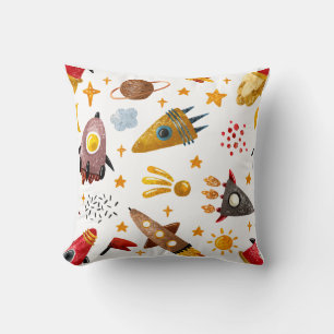Whimsical Galaxy Rocket Ship Pattern Kids Decor Cushion