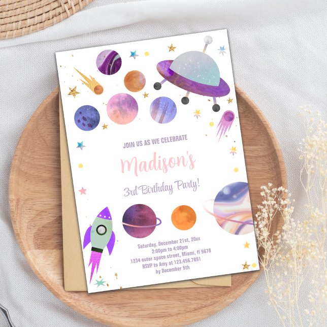 Whimsical Galaxy Theme for Kids Invitation (Purple Planets Birthday Invitations)