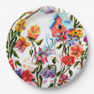 WHIMSICAL GARDEN BIRD HOUSE MONOGRAM PARTY PAPER PLATE