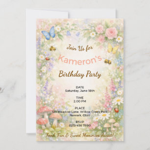 Whimsical Garden Birthday Pastel Butterflies Bee Invitation