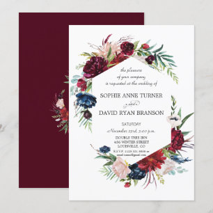 Whimsical Garden Burgundy Blue Flowers Wedding Invitation