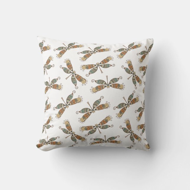 Whimsical Garden Dragonfly Pattern On White Cushion (Front)