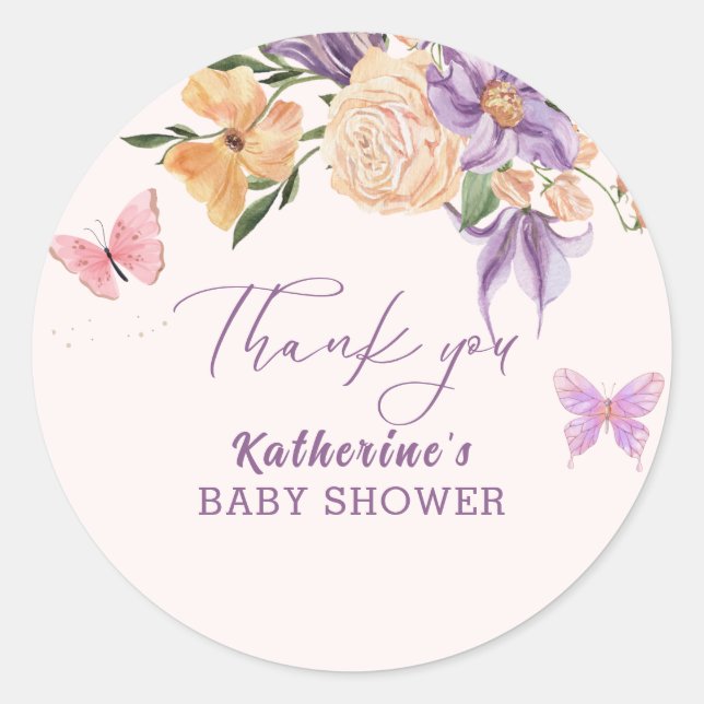 Whimsical garden Floral Butterfly girl baby Shower Classic Round Sticker (Front)