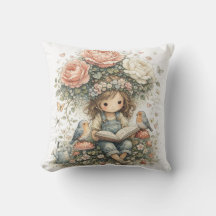 Whimsical Garden Girl Reading with Birds, Flower
