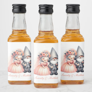Whimsical Garden Gnome Bride Groom Orange Wedding Liquor Bottle Label
