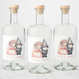 Whimsical Garden Gnome Bride Groom Orange Wedding Liquor Bottle Label