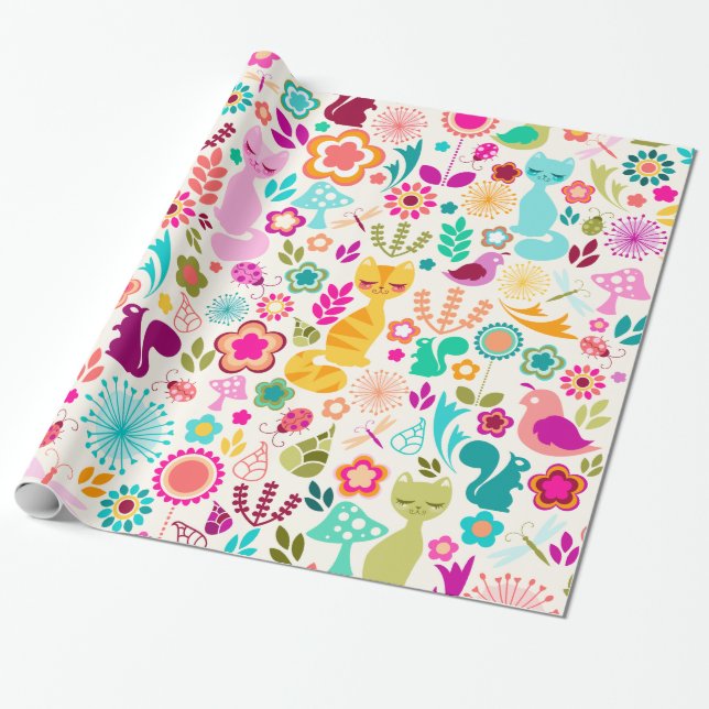Whimsical Garden Kitty - Wrapping Paper (Unrolled)