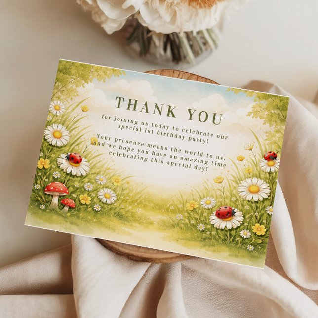 Whimsical Garden Lady Bug 1st Birthday Thank You Card (Creator Uploaded)
