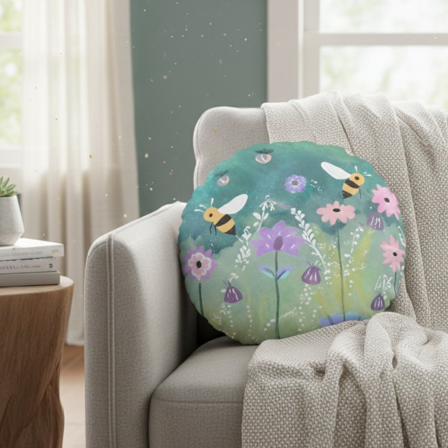 Whimsical Garden Meadow Bees Flowers Fireflies  Round Cushion (Creator Uploaded)