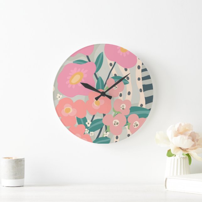 Whimsical Garden Modern Floral Wall Large Clock (Home)