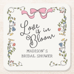 Whimsical Garden Party Doodle Floral Bridal Shower Square Paper Coaster