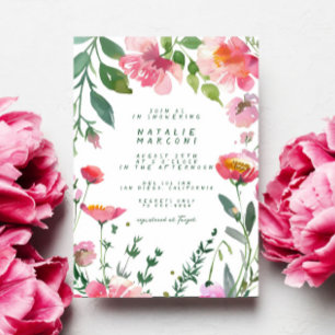 Whimsical Garden Pink Flowers Girl Baby Shower Invitation