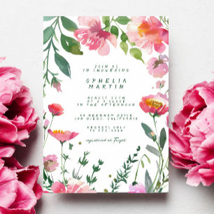 Whimsical Garden Pink Flowers Green Bridal Shower Invitation