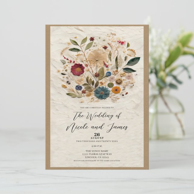Whimsical Garden Pressed Flowers Bohemian Wedding Invitation (Standing Front)