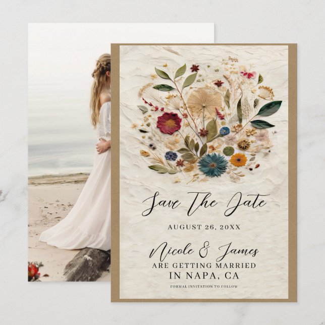 Whimsical Garden Pressed Flowers Bohemian Wedding Invitation (Front/Back)