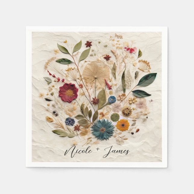 Whimsical Garden Pressed Flowers Bohemian Wedding Napkin (Front)