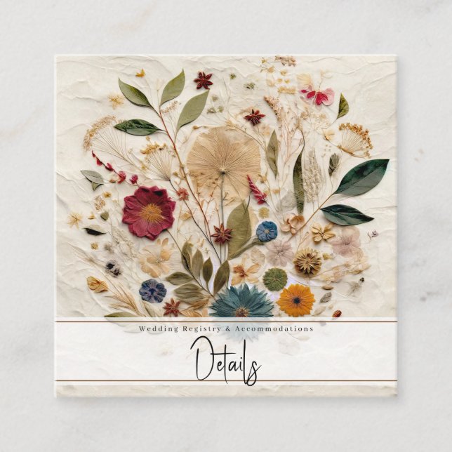 Whimsical Garden Pressed Flowers Bohemian Wedding Square Business Card (Front)