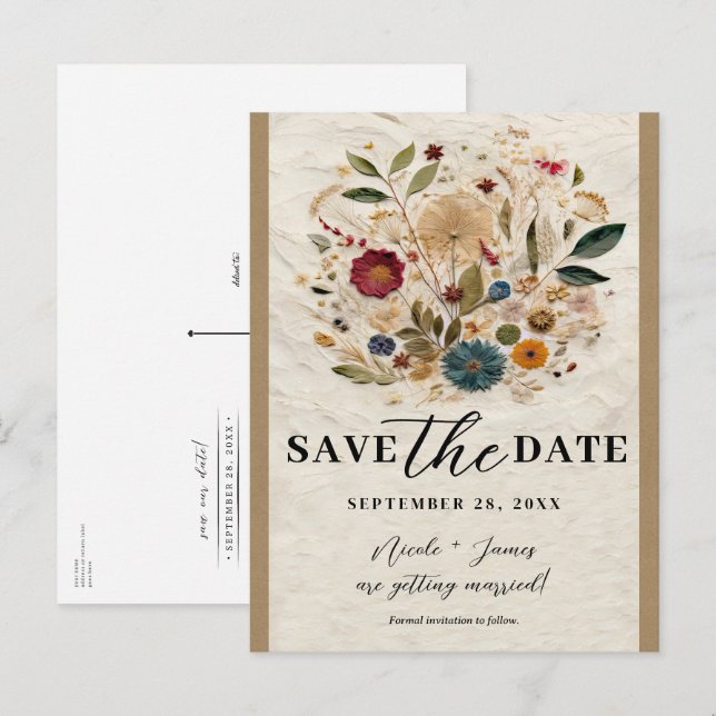 Whimsical Garden Pressed Flowers Save the Date Announcement Postcard (Front/Back)