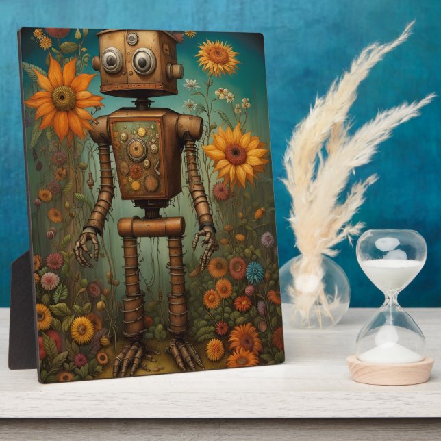 Whimsical Garden Robot | Digital Art Tabletop Plaque (Side)