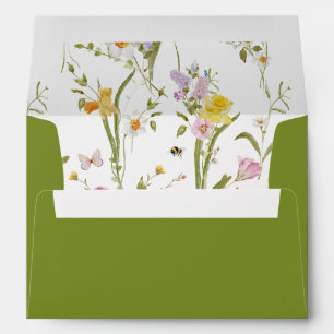 Whimsical Garden Wildflower Pattern Green Wedding Envelope