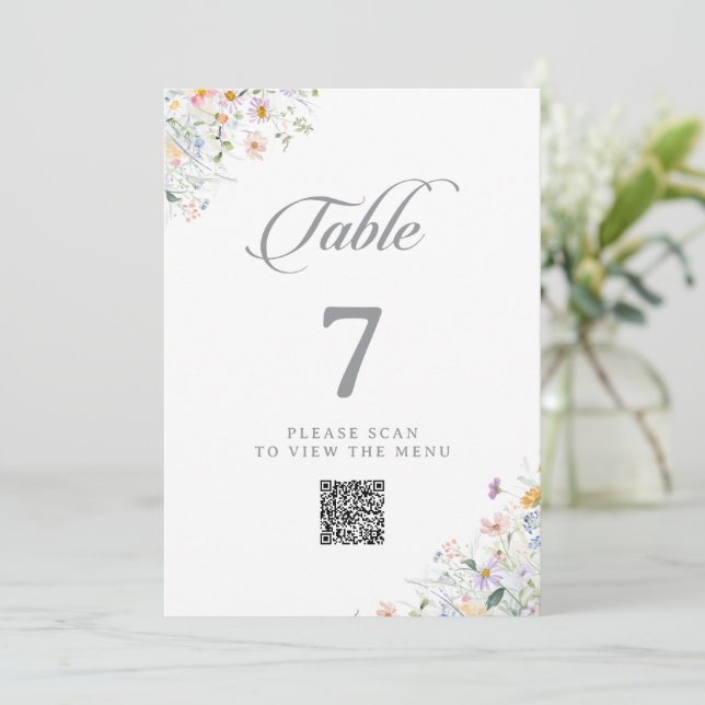 Whimsical Garden Wildflower QR Code Table Numbers (Standing Front)