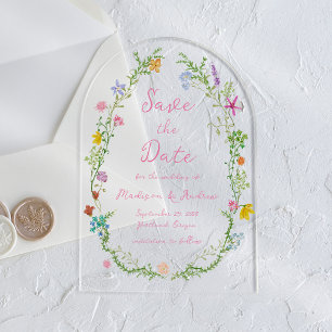 Whimsical Garden Wildflower Wedding Save the Date Acrylic Invitations