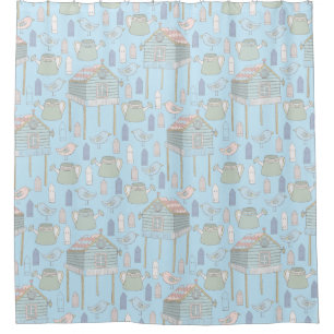 Whimsical Gardener Pattern on Blue Shower Curtain