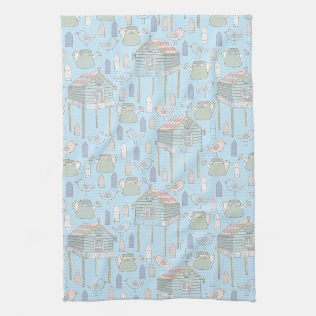 Whimsical Gardener Pattern on Blue Tea Towel (Vertical)