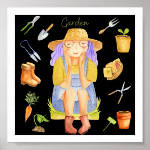 Whimsical Gardening Lady Watercolor Art Poster