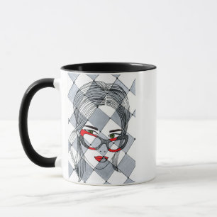 Whimsical Geometric Zen Doodle Girl Red Glasses Bl Mug