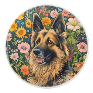Whimsical German Shepherd in a Flower Garden Ceramic Knob