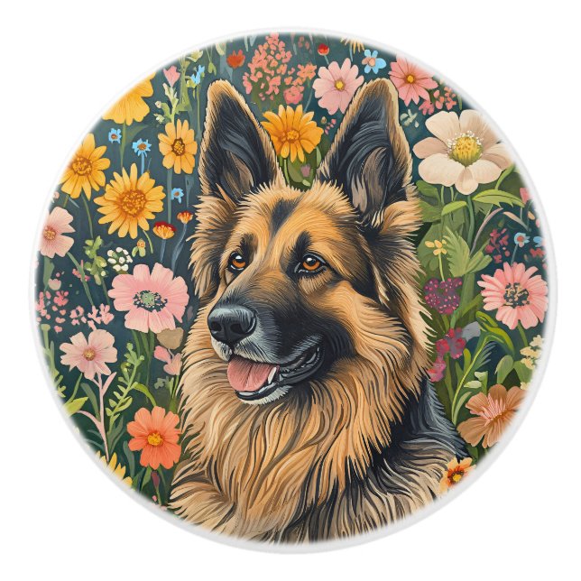 Whimsical German Shepherd in a Flower Garden Ceramic Knob (Front)