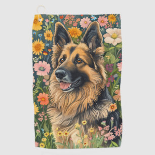 Whimsical German Shepherd in a Flower Garden Golf Towel